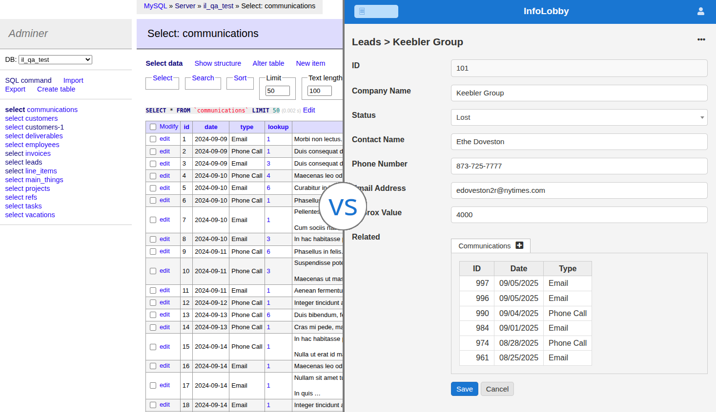 Adminer vs InfoLobby screenshot